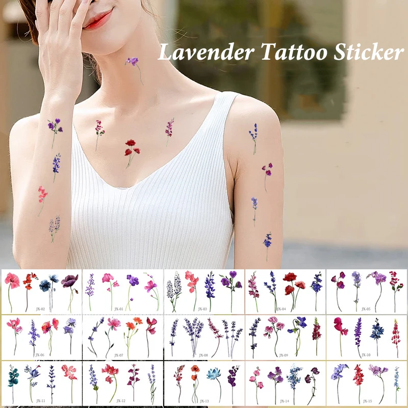 

Female Temporary Tattoo15pcs/set Small Fresh Colorful Small Flower Lavender Waterproof Long Lasting Arm Clavicle One Time Tattoo