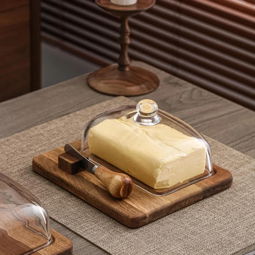 Retro Wooden Butter Box with Knife and Fork Clear Glass Lid Storage Boxs Cheese Butter Cheesecake Dessert Plate Storage Tray