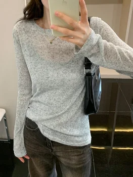 2025 Women's White Long Sleeve T-Shirt Spring Summer Basic Loose Fit Fashion Sexy See through Casual Tee Femme Thin