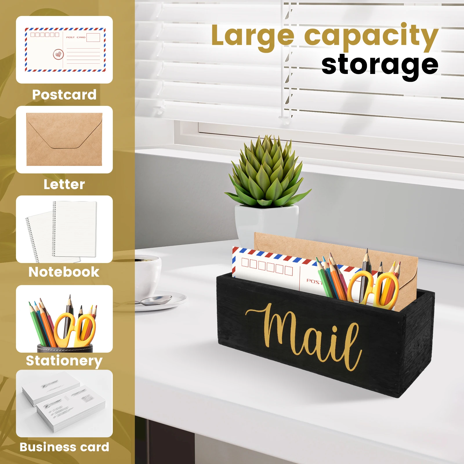Mail Organizer Solid Tung Wood Mail Holder with 2 Slots Decorative Basket Countertop Letter Holder for Home Office Entryway