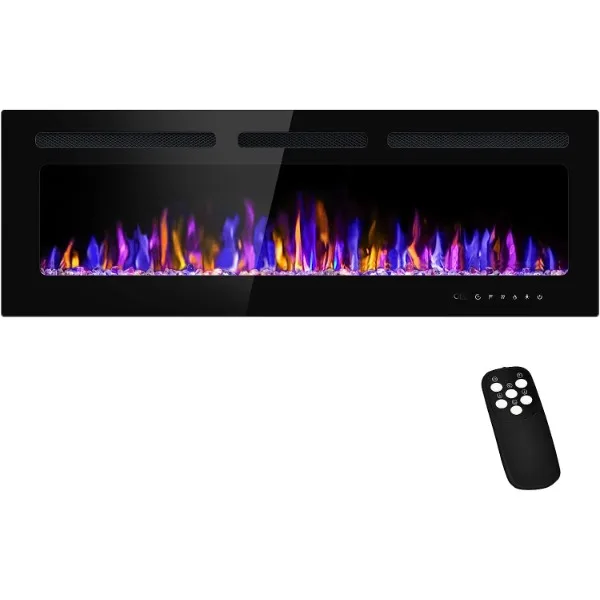 50" Electric Fireplace Wall Mounted and Recessed with Remote Control, 750/1500W Ultra-Thin Wall Fireplace Heater