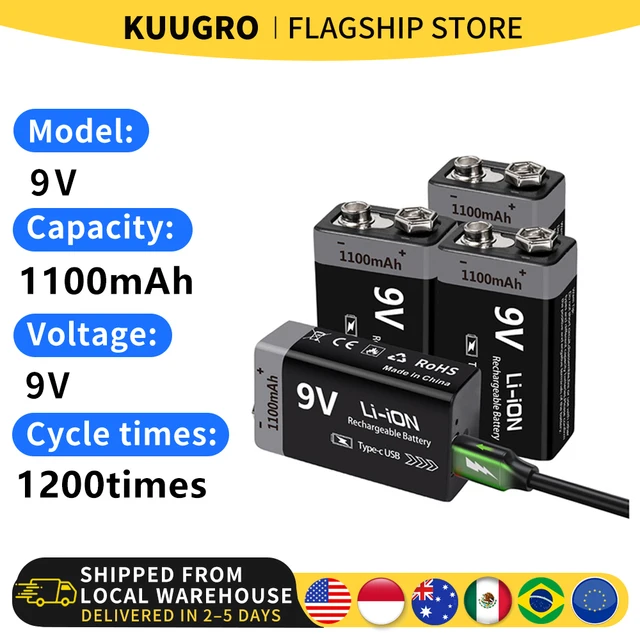 Kuugro USB 9V Rechargeable Battery 1100mAh Type-C Rechargeable 6F22 9V Li-ion Battery for RC Helicopeter Model Multimeter Toy 1