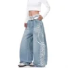 Large Size American Retro Hot Girl Washed Print Jeans Women's New Style Vintage Slim Loose Casual Wide Leg Long Pants