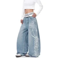 Large Size American Retro Hot Girl Washed Print Jeans Women's New Style Vintage Slim Loose Casual Wide Leg Long Pants