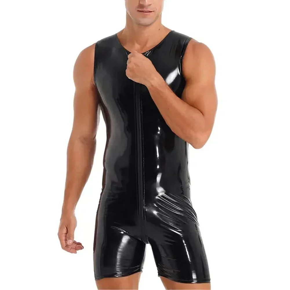 Male Bodysuit Costume Erotic Hombre Jumpsuit Male Erotic Lingerie Men Patent Leather Sexy Bodysuit Sleeveless