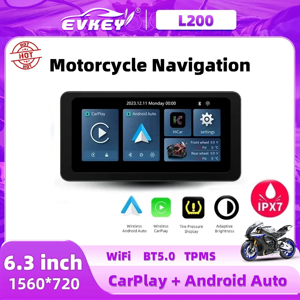 

EVKEY 6.3 inch Portable Motorcycle LCD Display GPS IPX7 Waterproof For Wireless Apple CarPlay&Android Auto