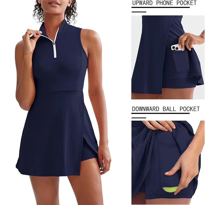Women Dress Sports Clothing Summer Tennis Dress Fitness Shorts Suit Running Slimming Soft Sports Yoga Sets Outdoor Zipper Badminton Golf Skirt