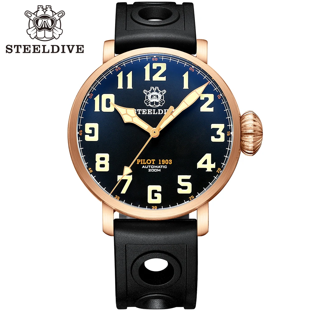 

SD1903S Big Pilot STEELDIVE Design Watch Retro CUSN8 Bronze Japan NH35 Swiss C3 Luminous Black Dial 200M 20ATM Diving Men Watch