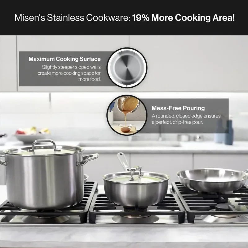 Misen 5-Ply Stainless Steel Cookware Set: 3 QT Stainless Steel Saucier with Lid, Saute Pan with Lid & 10" Frying Pan 4