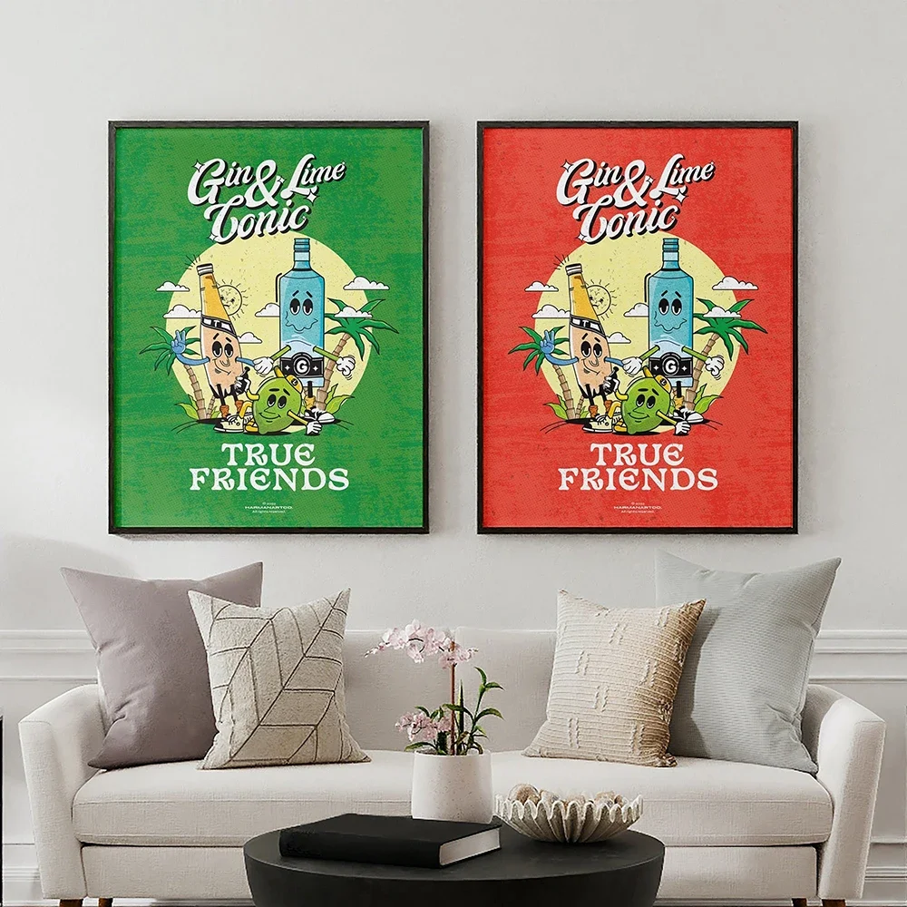 

True Friends Series Retro Cocktail Drinks Posters Funny Gin Tonic Lime Canvas Painting Kitchen Wall Pictures for Bar Home Decor