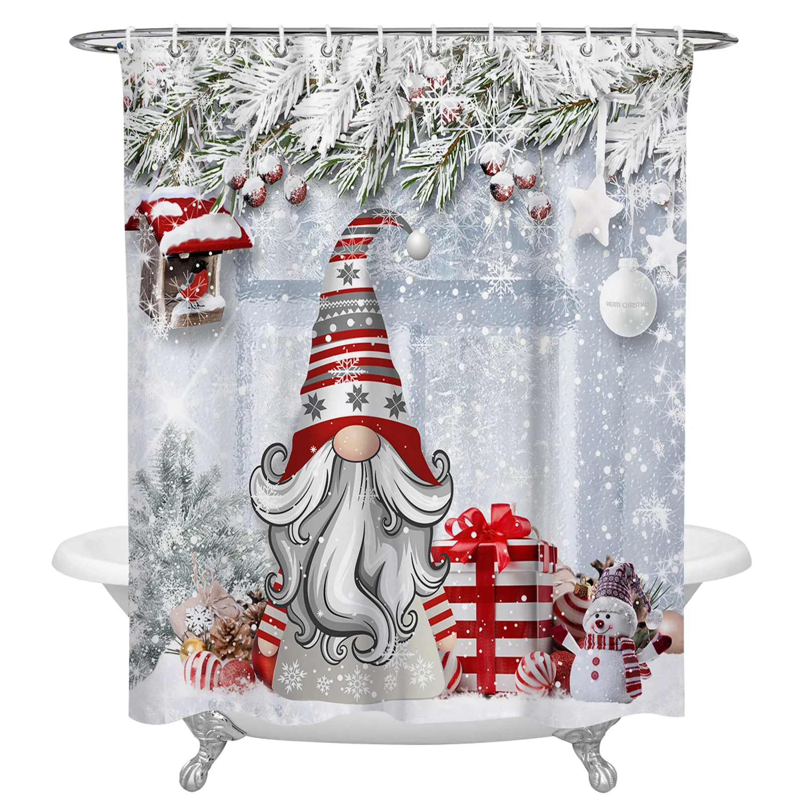 

Christmas Snowflake Gnome Holly Fir Tree Shower Curtains Waterproof Bath Curtains Home Decor Modern Luxury Bathroom Curtain