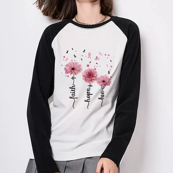 Women's Casual Crew Neck Long Sleeve T-Shirt All Seasons Korean Style Tee Top Clothes Pink Sunflower Faith Printed T Shirt