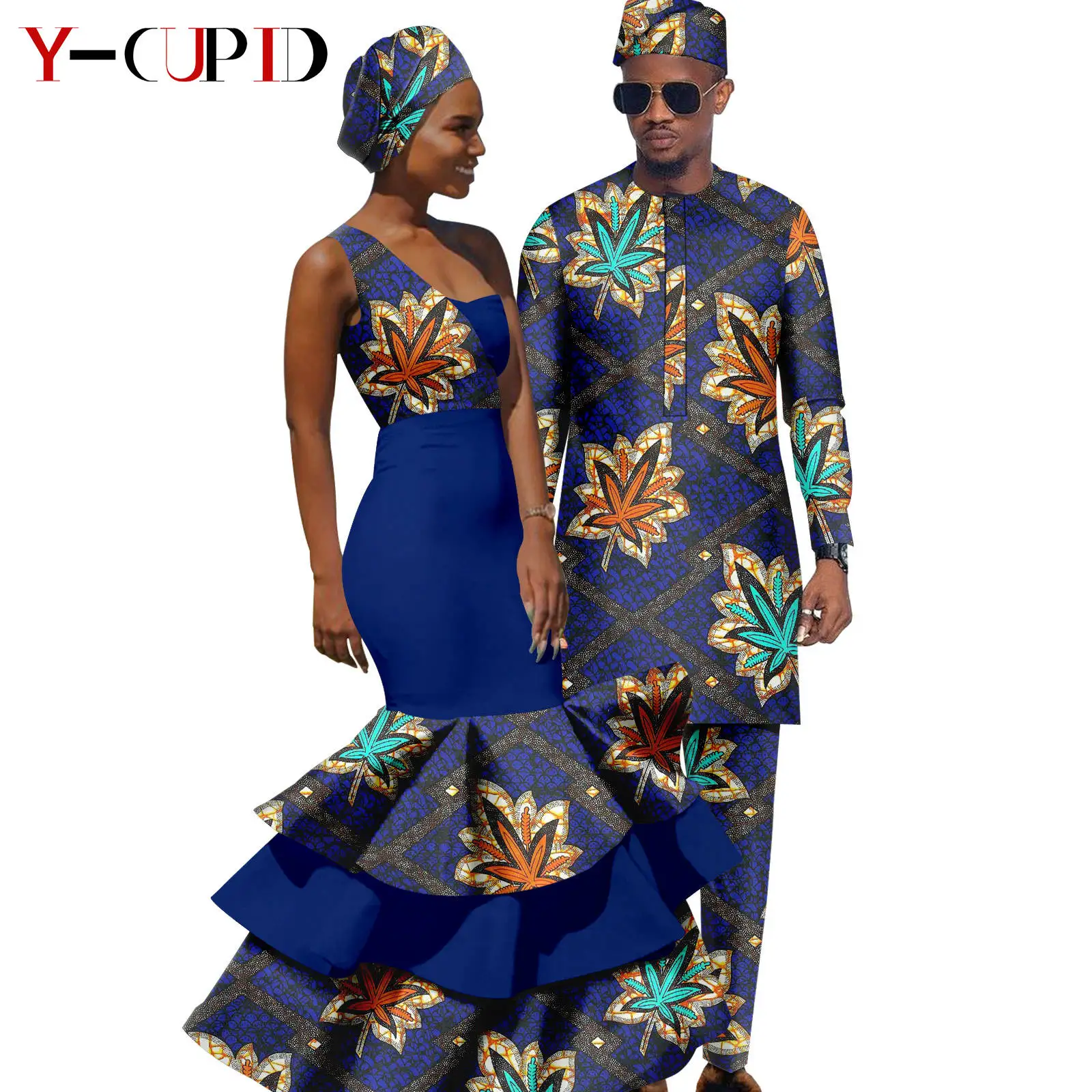 African One Shoulder Ruffles Print Dresses for Women Matching Men Outfits Dashiki Ankara Top and Pants Hat Sets Bazin Y23C072