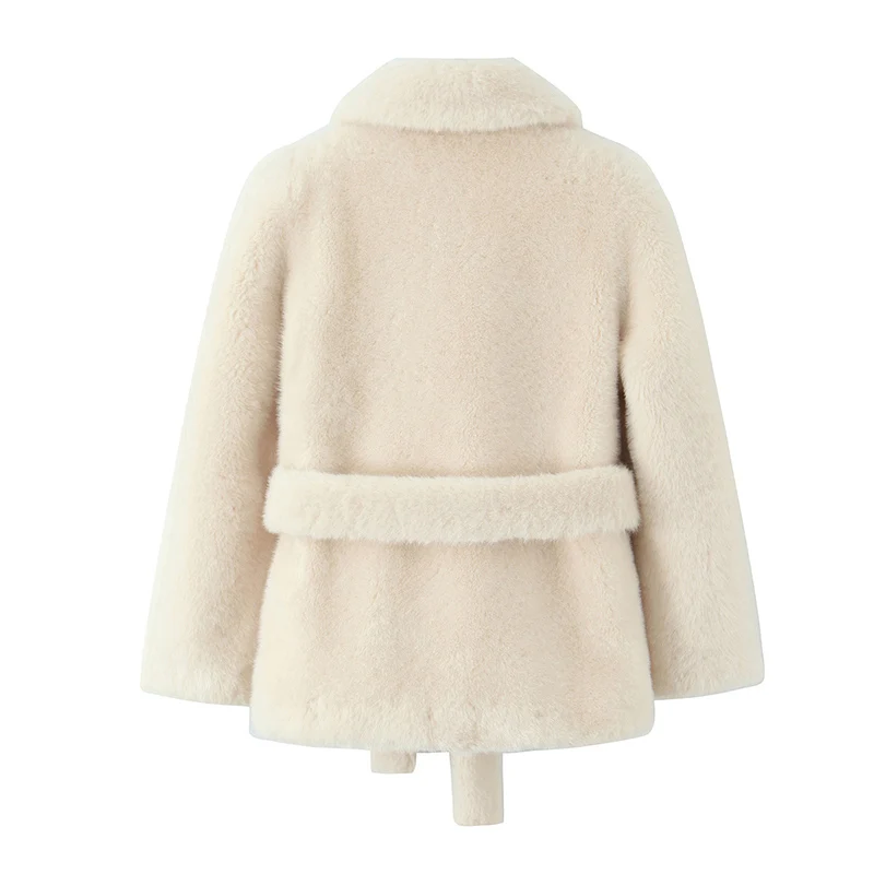 Luxury Solid Belted Faux Fur Coat Women Thick Warm Fluffy Plush Jacket Chic Ladies Street Fashion Winter Overcoats Outfits