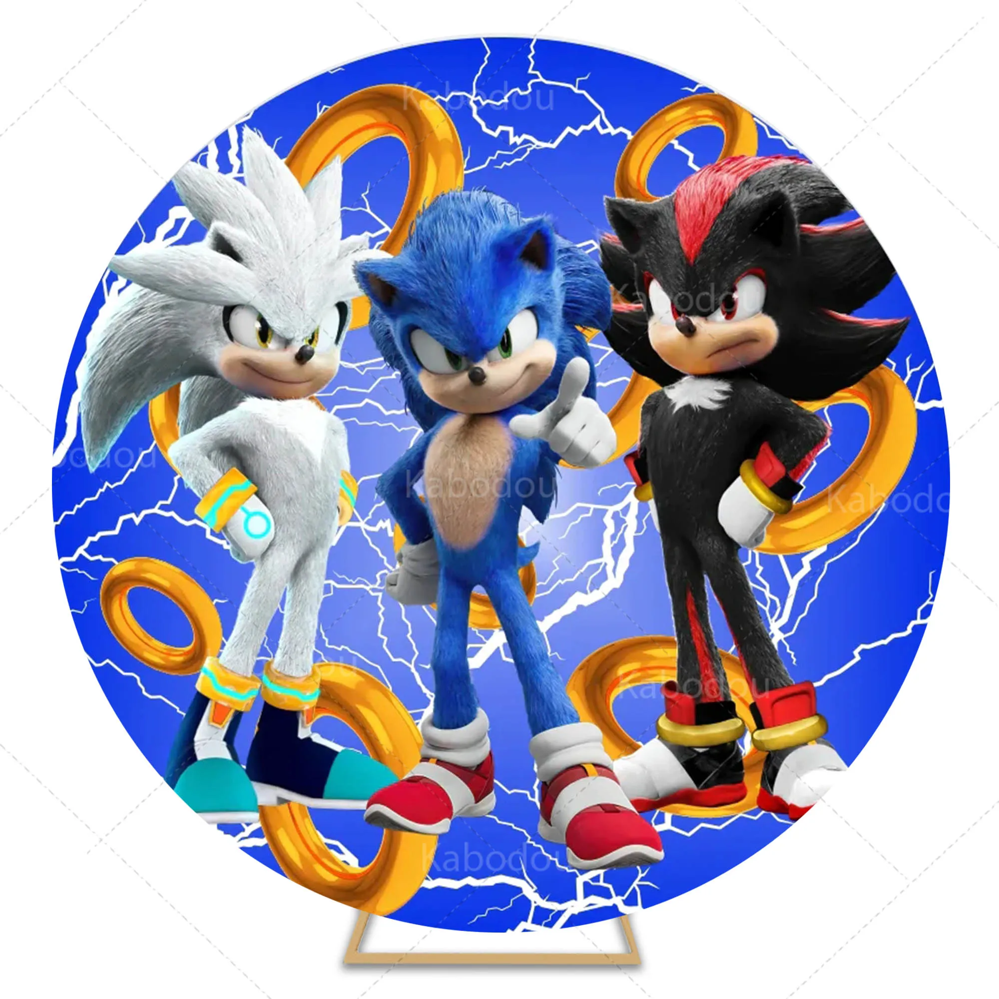 thumbnail image 1 of Fondo azul redondo de Sonic, decoración para fiesta de cumpleaños de niños, fondo para fotografía de baby shower, anillo dorado, círculo, accesorio de estudio, 1 of 4