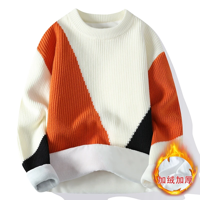 Fashion Men's 2023 Autumn Winter New Round Neck Sweater Patchwork Long Sleeved Color Blocked Thick Loose Pullover Knitted Tops
