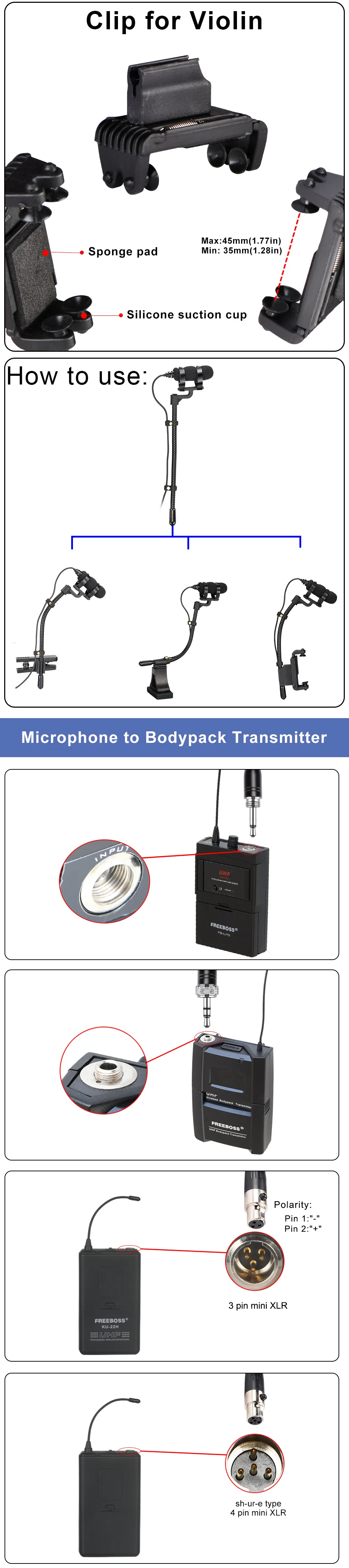 Professional 3 Pin 4 PIN XLR Violin Microphone 3.5mm Portable Condenser Musical Instrument Mic for Wind Sax Piano Clarinet IM-22