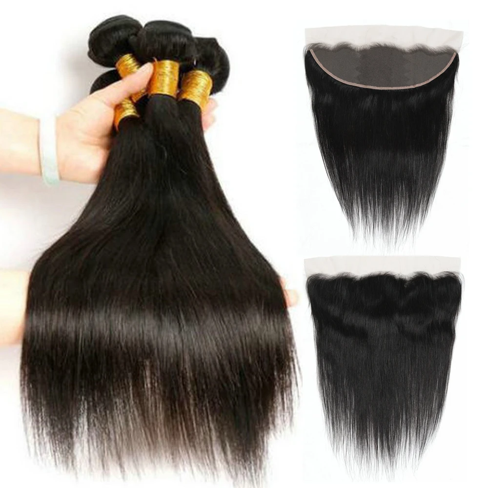 Human Hair Bundles 3 Bundles with 13&times;4 Lace Closure Straight Brazilian Virgin Remy Human Hair