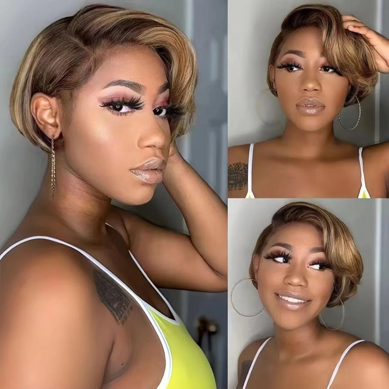 Human Hair Blonde Color 613 Short Wavy 13x4x1 Lace Front Wig Fashion Style Pixie Cut Natural Curly for Women 6inches