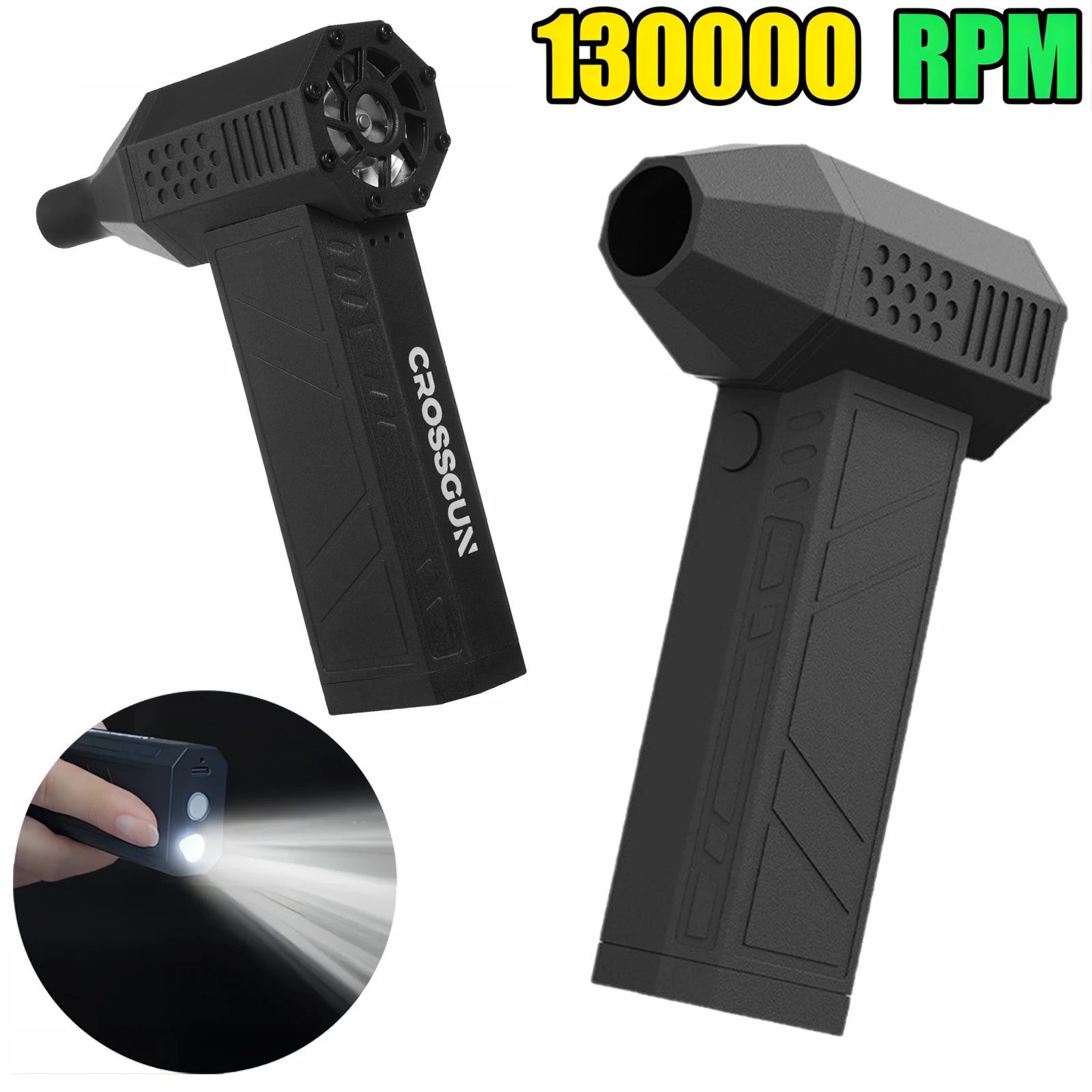 CROSSGUN 130000RPM 제트 터보 킹콩 제트 선풍기 조절 가능, 강력한 선풍기 휴대용, LED 조명, 날리는 먼지 제거 