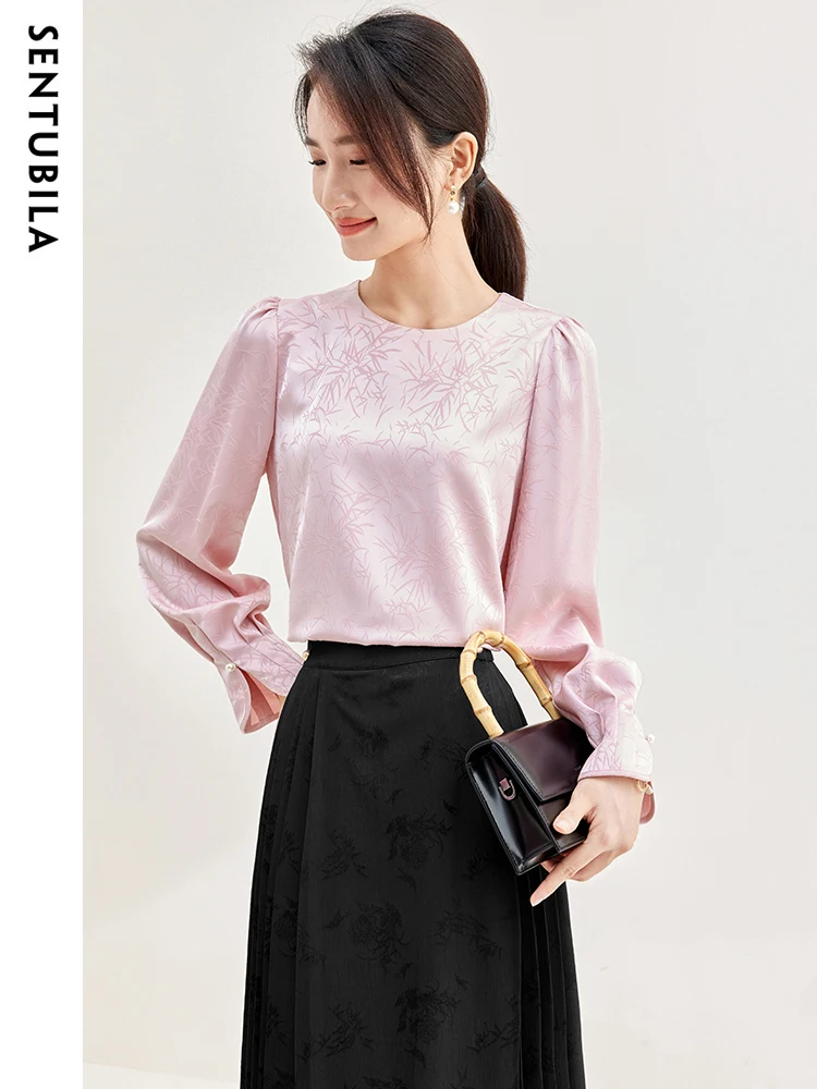 SENTUBILA Puff Long Sleeve Elegant Chiffon Blouse Women Keyhole Back Shirt Lady Chinese Style Jacquard Bamboo Leaf Top 133V51225