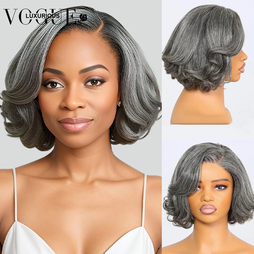 

Glueless Body Wave 4X4 HD Lace 5X5 Closure Human Hair Wigs Short Bob Pixie Cut Salt Pepper Grey Pre Plucked Natural Hairline Wig