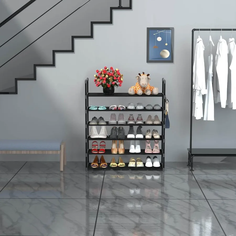 6 Tiers Metal Shoe RackAdjustable Shoe Shelf Storage Organizer with Hooks Stackable Boot Shoe Storage for Entryway Hallway Clos