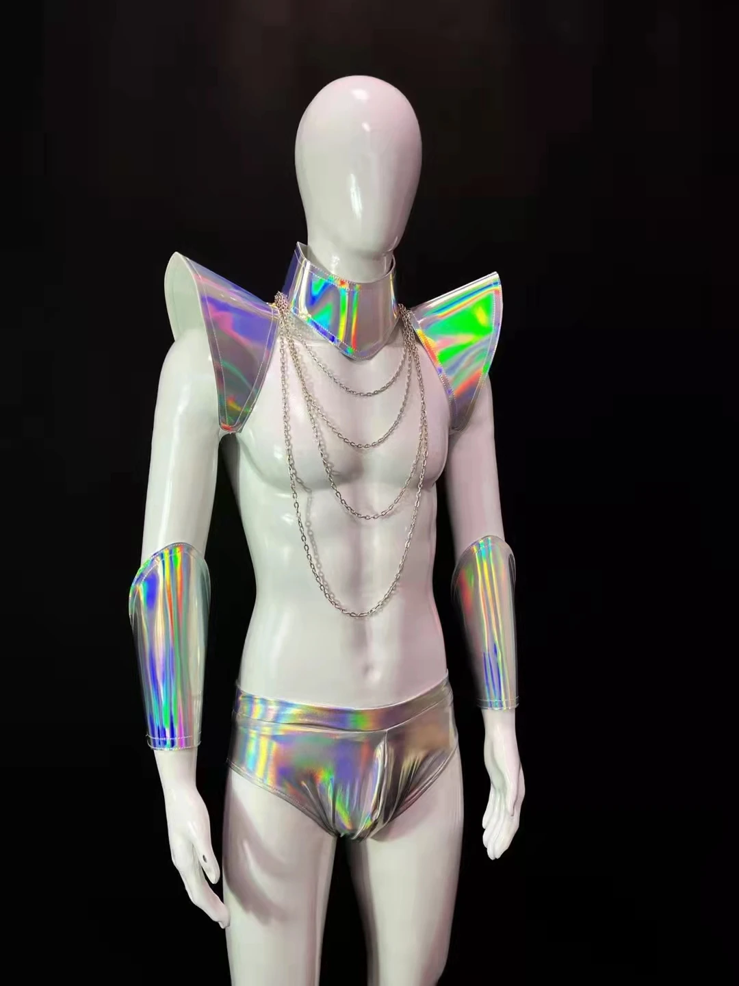Club Party Nightclub DJ Gogo Sexy Silver Costume Stage Wear Cuff Outfit Muscle Men's Space Mirror Armor Bar Dancer Performance