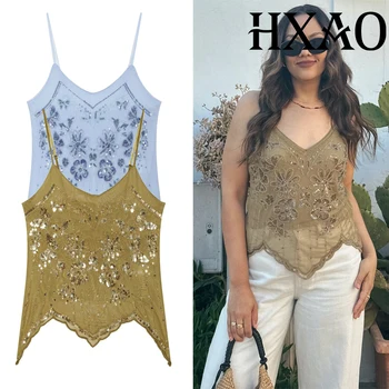 HXAO Embroidery Beaded Top Women Sleeveless Slip Sequin Crop Top Summer Irregular Hem Mesh Tank Tops Backless Beach Camisole