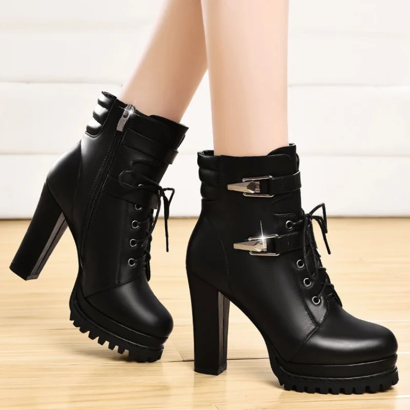 Fashion Motorcycle Leather Boots Women High Heel Zipper Short Boots Casual Thick-Soled Cross-Strap Black Ankle Boots New