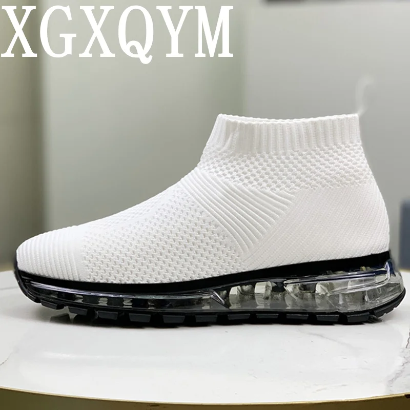 

Flat Bottom Knitted Slip On Shoes Men Sneakers Lace up Thick Sole Casual Shoes Runner Solid Color Walking Drive Shoe For Male