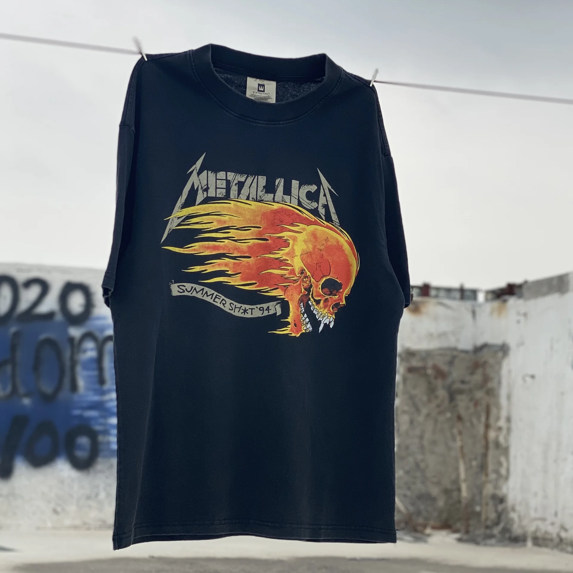 

Fire Skull Print Loose Casual American Fashion Wash Old Short Sleeve T-shirt