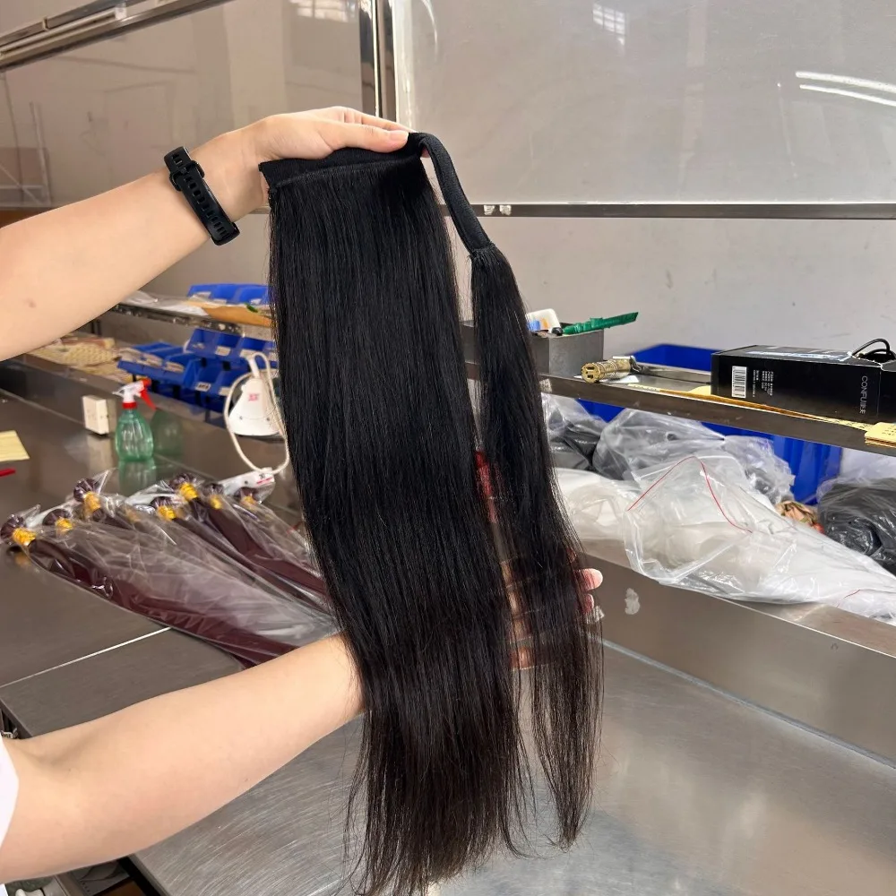 12-26 인치 스트레이트 인간의 머리카락 랩 포니 테일 자연 색상 브라질 버진 헤어 클립 여성용 포니 테일 확장