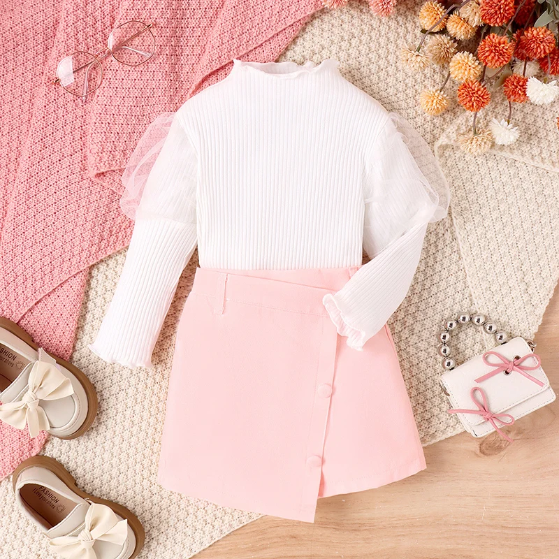 

Little Girl Outfits Fall Winter Clothes Long Sleeves White Ribbed Pullover Tops Pink Pencil Mini Skirts Set