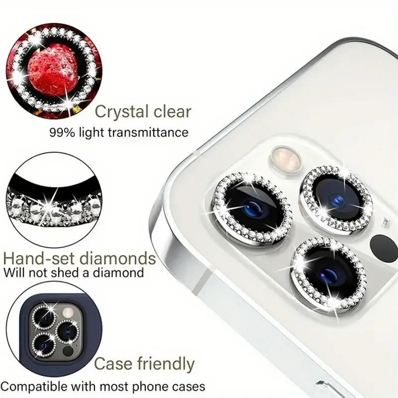 Diamond Metal Protective Glass Camera Lens Protector (2-3 Pack)