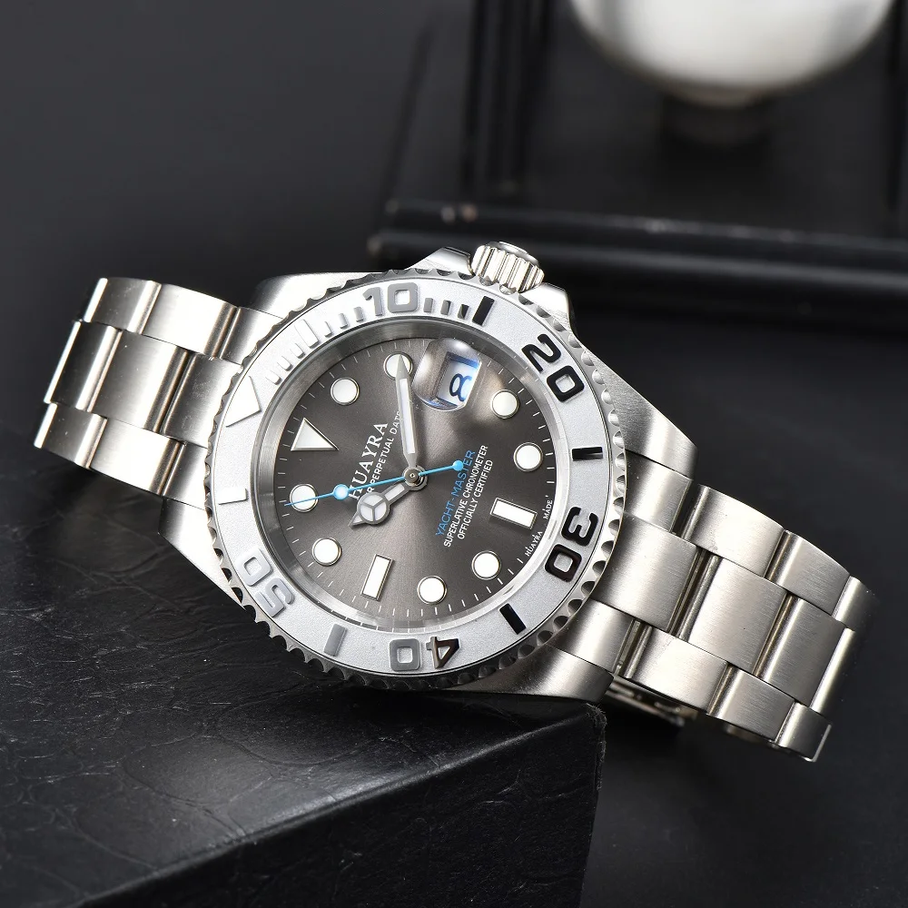 HUAYRA New Men's Watch Luxury Mechanical Watch Top Automatic Watch Stainless Steel Waterproof Blue Pointer Grey Silver Dial