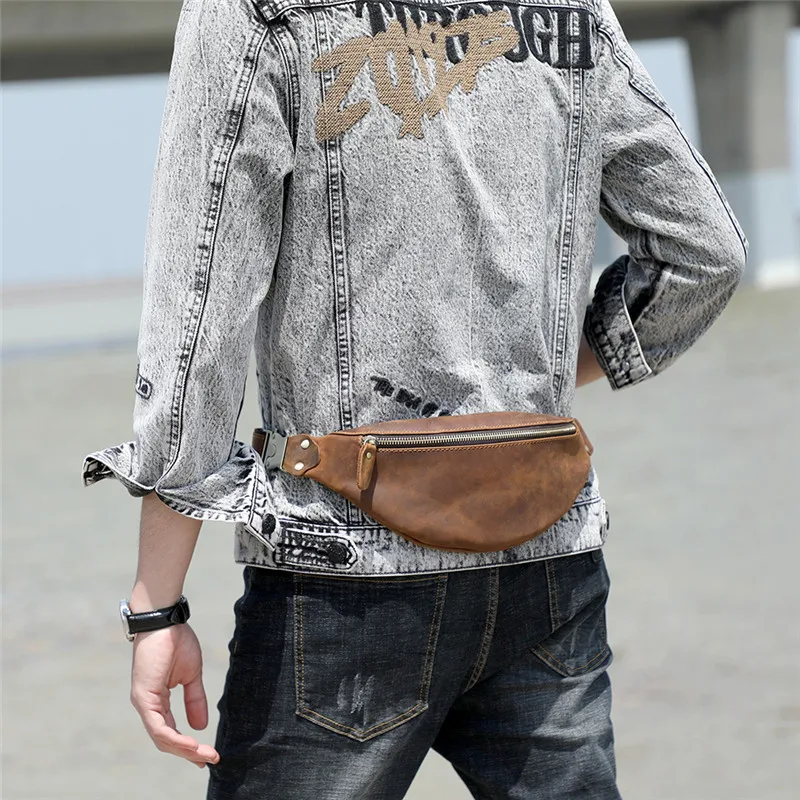 Fashion natural crazy horse cowhide men's multifunctional small chest bag daily outdoor sports genuine leather crossbody bag