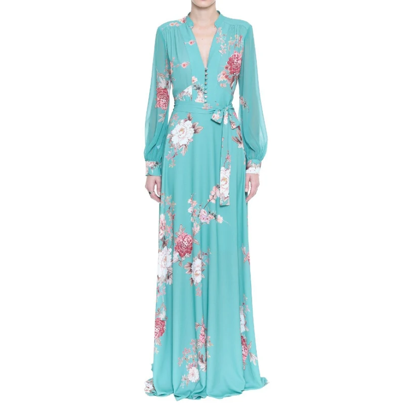 

Runway Designers Vintage Printed Dresses for Women 2022 Summer Elegant V-neck Long Sleeve Pleated Maxi Dress Blue Vestido