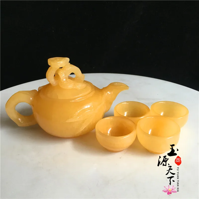 Natural jade gift ornaments beige jade tea set Ruyi hip flask teapot teacup jade business gifts 3