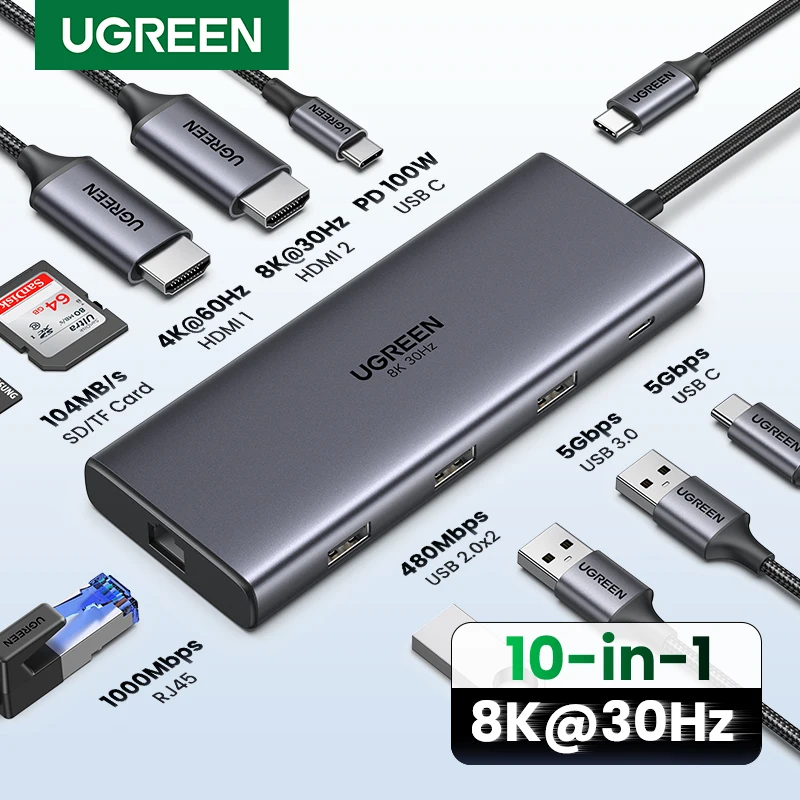 

Разветвитель UGREEN 10 в 1, двойной HDMI-адаптер, 3,0 к, RJ45, USB 100, PD, Вт