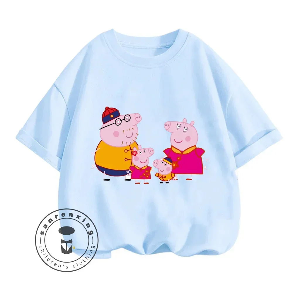 2024 Children Summer Peppa Pig Animated Cartoon Character Print Design O-neck Loose Version Type and Sporty Short Sleeve T-shirt 5