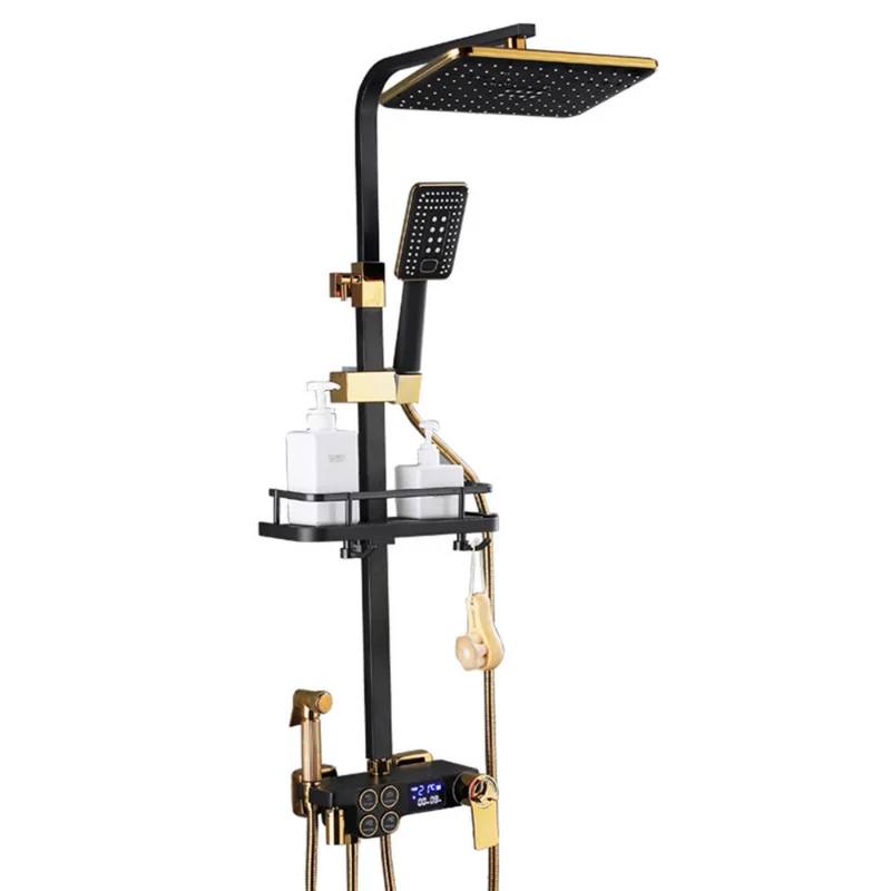 Smart Black Gold Shower Set Thermostatic Full Copper Bathroom Button Pressurized Head
