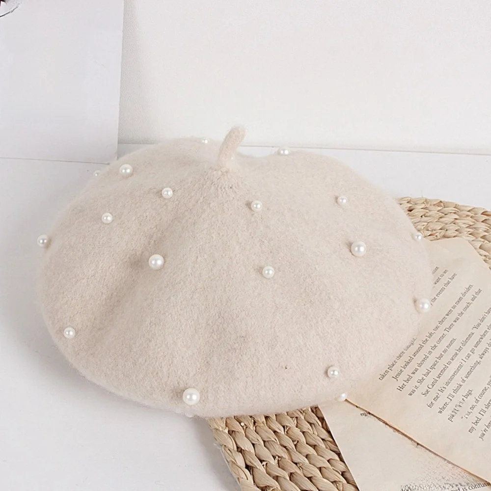 Fashion Pearl Children's Beret Solid Color Woolen Baby Wool Hat Thicken Warm Painter Hat Baby