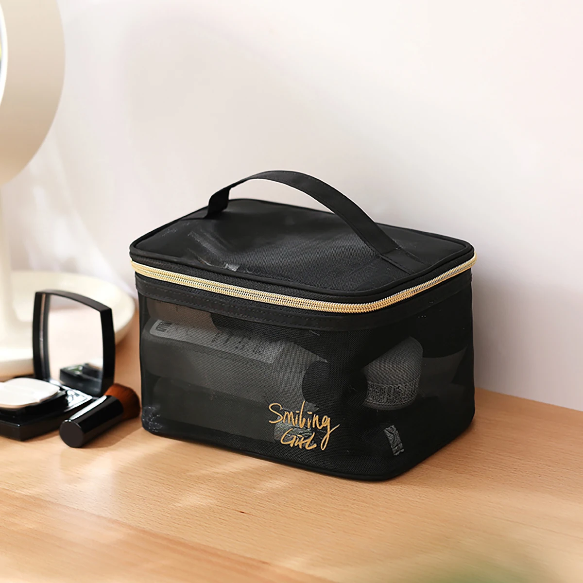 5pcs/Set Mesh Makeup Bags Black&Heart Portable Cosmetic Pouches Washbag 4