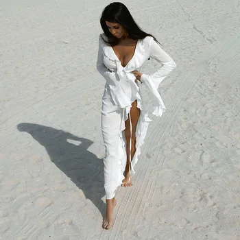 Sexy V Neck Ruffled Long Sleeve Black White New Chiffon Tunic Beach Cover Up Cover-ups Dress Sunscreen Beachwear Womens Clothing