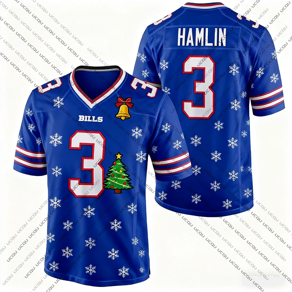 2025 Christmas Adult Buffalo American Football Jersey Rugby Jersey Sportswear Training Jersey T-shirt HAMLIN 3 Number