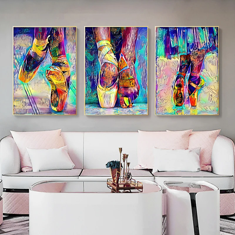 

Colorful Ballet Shoes Oil Painting with Frame Abstract Graffiti Canvas Art Poster Dancer Wall Picture Print Living Room Decor