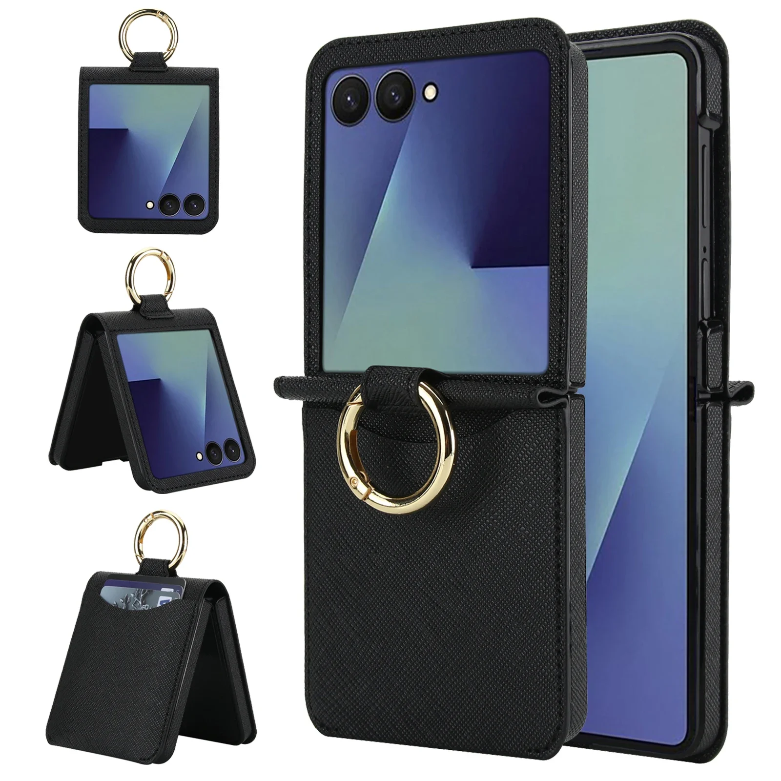Elegant Leather Wallet Phone Case with Card Slot and Ring Holder Grip - Shockproof Cover
