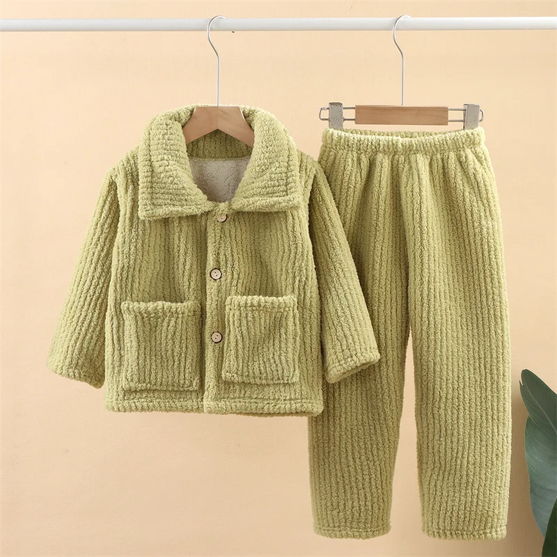 Kinder Flanell Pyjamas Sets Herbst Winter Teenager warm verdicken Nachtwäsche Anzug Homewear Kleidung Jungen Mädchen feste Pyjamas 2St