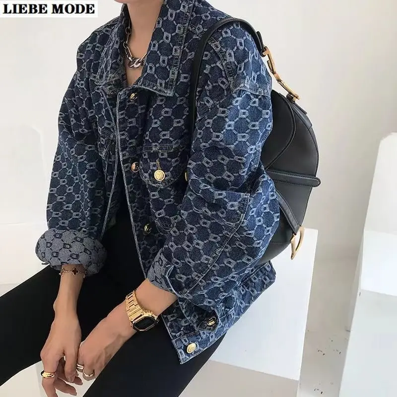

Jacquard Denim Jacket for Women Casual Short Coat Female Vintage Plaid Jean Bomber Jackets Spring Fashion Cotton Loose Outwear